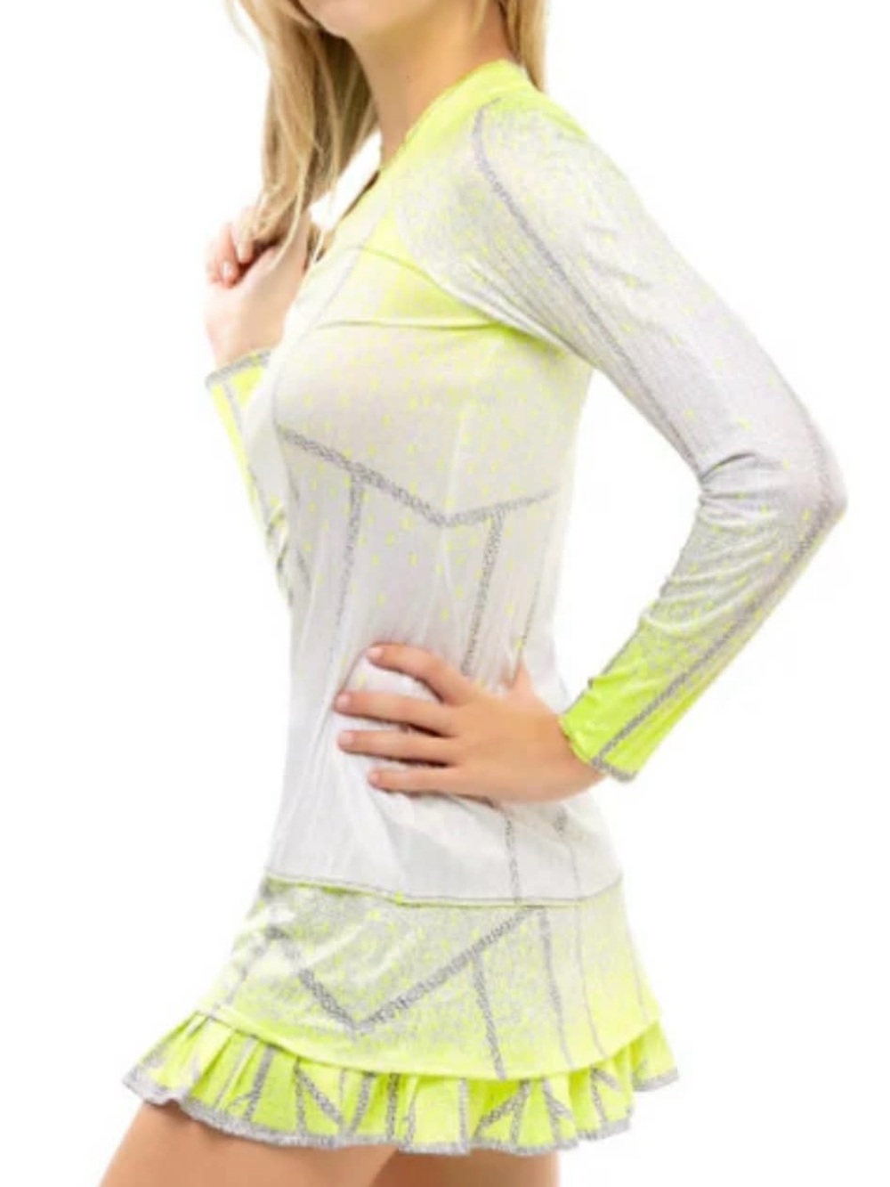 K-Swiss Neon Yellow and White Long Sleeve Ruffle Mini Dress